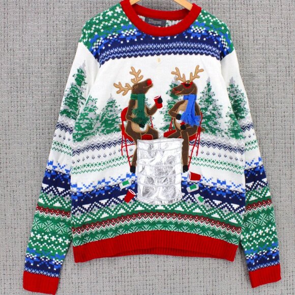 33 Degrees Christmas Sweater Mens XL Multicolor Knit Deers Drinking Embroidered - Picture 1 of 8